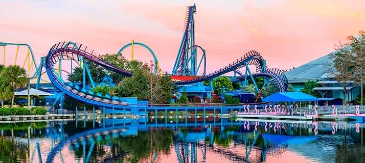 Dynamic view of a large blue roller coaster track curving over a calm body of water, with reflections of the ride and a colorful sunset sky. Pink flamingo paddle boats are visible on the water.