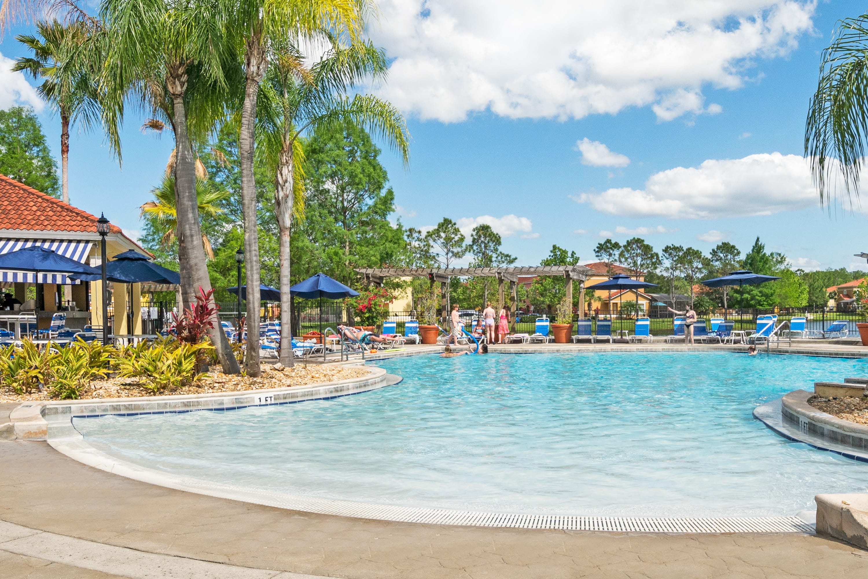 A large, inviting communal outdoor swimming pool features a shallow entry area, surrounded by numerous lounge chairs with blue umbrellas and tall palm trees. Resort buildings are visible in the background, and several people are enjoying the pool area.