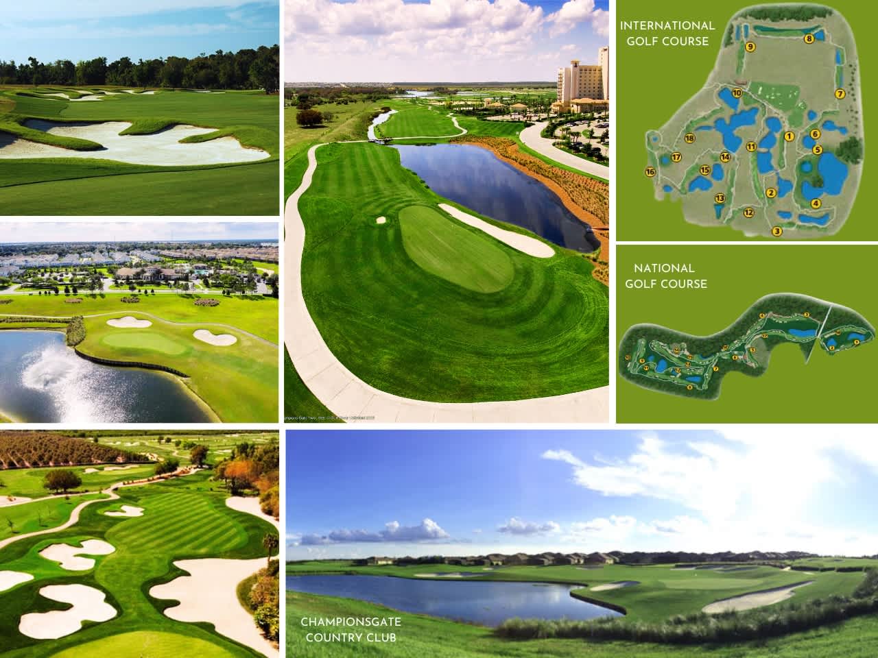 Collage of several lush green golf course views featuring sand traps, water hazards, and manicured fairways, alongside two detailed maps of 'International Golf Course' and 'National Golf Course'. The courses are surrounded by residential areas and natural landscapes.