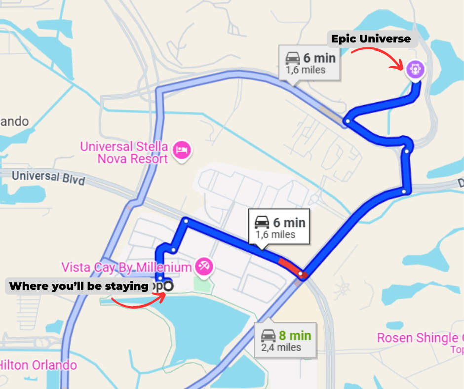 A map showing the location of "Vista Cay By Millenium" relative to "Epic Universe" and other landmarks, with a blue route highlighting driving directions and estimated travel times. The map indicates the property's proximity to attractions.