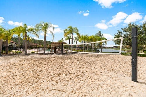 Outdoor sand volleyball court with a white net, surrounded by palm trees and a fence, with the resort's pool area and lake visible in the background under a bright blue sky.