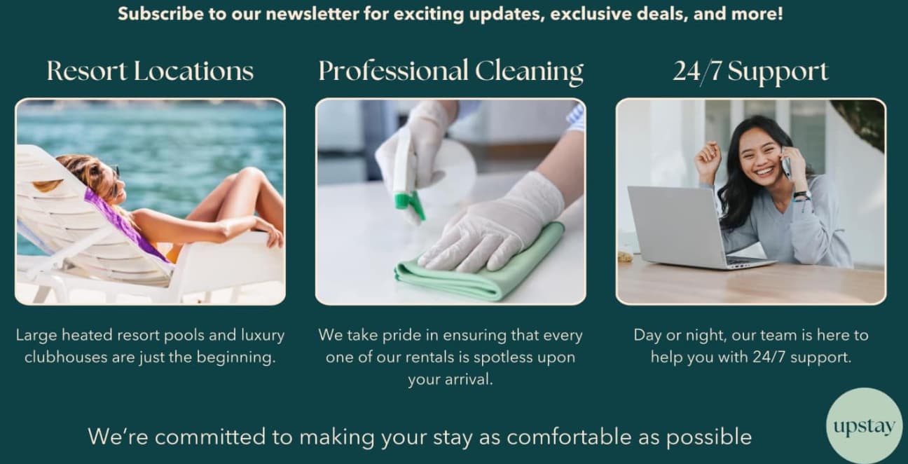 Marketing image showcasing three panels: "Resort Locations" with a woman by a pool, "Professional Cleaning" with a person cleaning, and "24/7 Support" with a woman on a laptop.