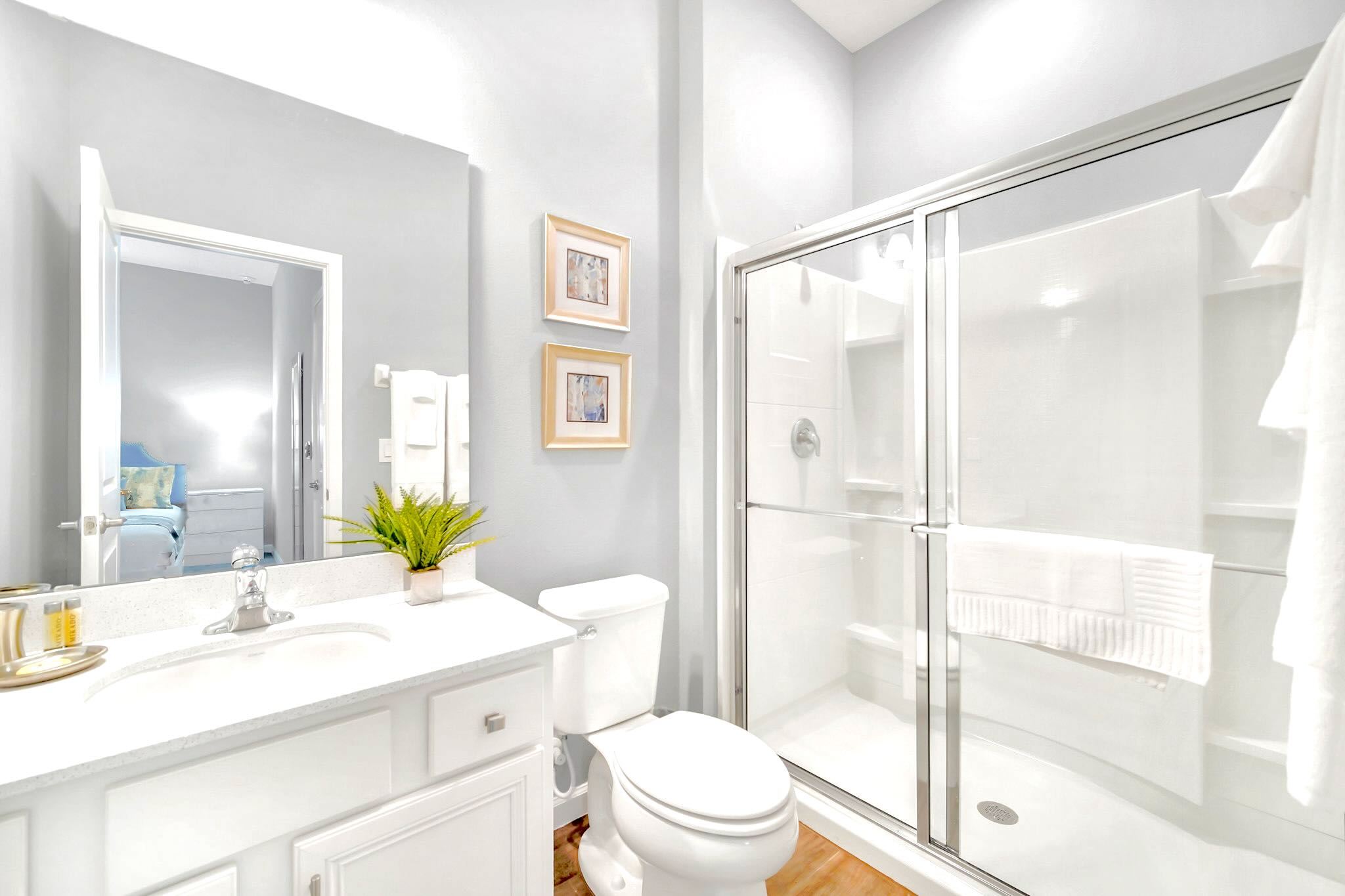 A compact bathroom with a single white vanity, a mirror, and a glass-enclosed shower. Wood-look tile flooring and light gray walls complete the clean aesthetic.