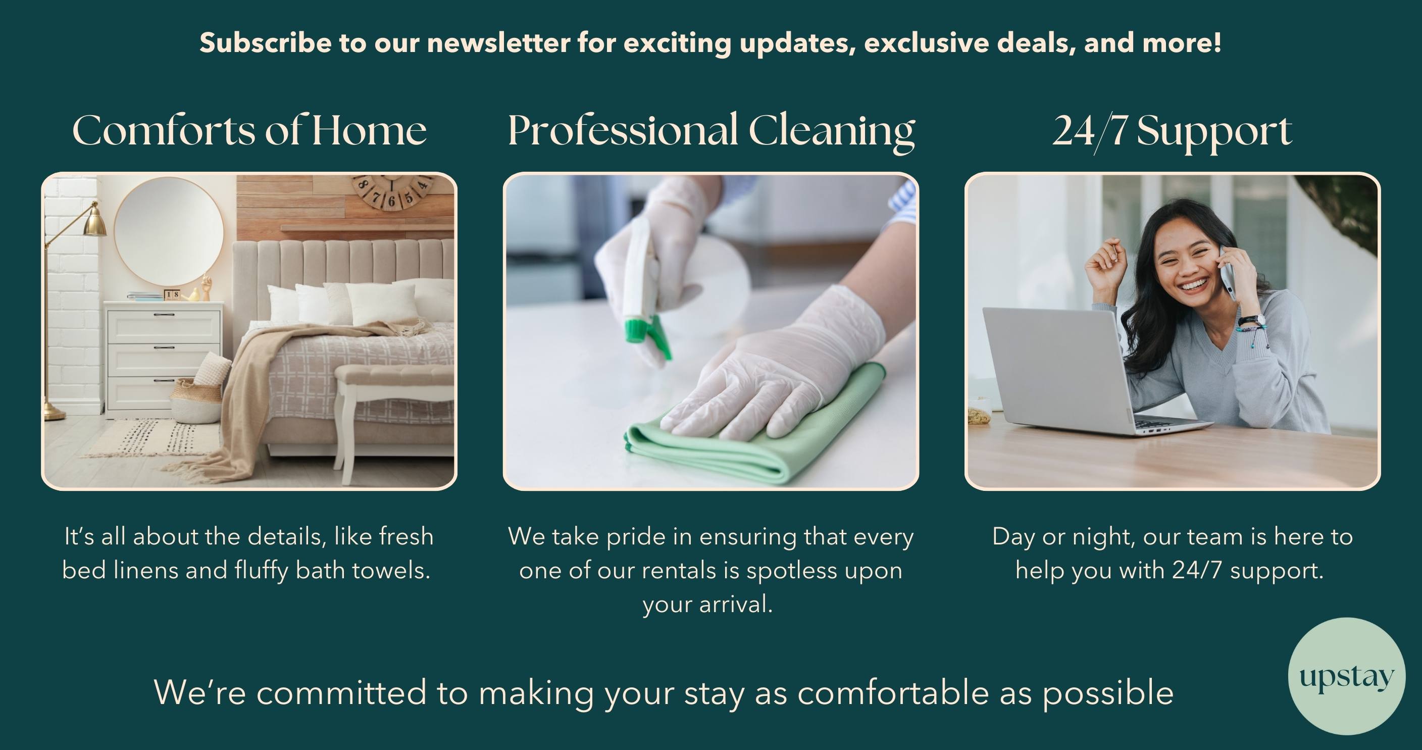 A marketing graphic highlights "Comforts of Home," "Professional Cleaning," and "24/7 Support" with illustrative images, including a cozy bedroom, a person cleaning, and a person on the phone with a laptop. The background is a dark teal.