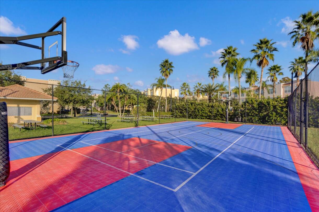 An outdoor basketball court with a striking blue and red tiled surface, enclosed by a black fence and surrounded by lush palm trees under a clear blue sky. Picnic tables are visible in the grassy background.