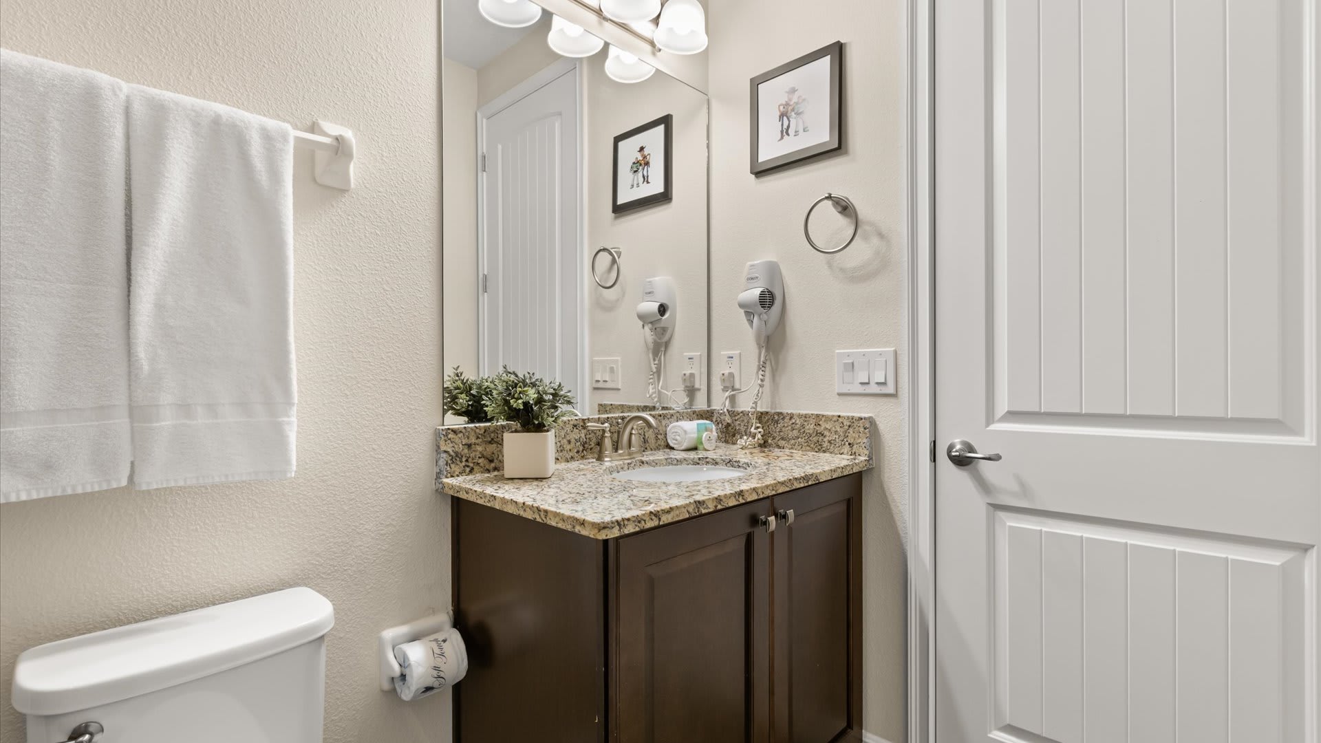 A close-up of a bathroom vanity with a granite countertop, single sink, large mirror, and two framed pictures on the wall, showing hair dryers mounted on the wall.