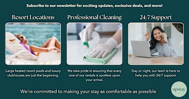 A dark teal marketing graphic promoting 'Resort Locations,' 'Professional Cleaning,' and '24/7 Support,' with corresponding images of a person by a pool, hands cleaning a surface, and a person on the phone with a laptop. White text highlights key benefits.