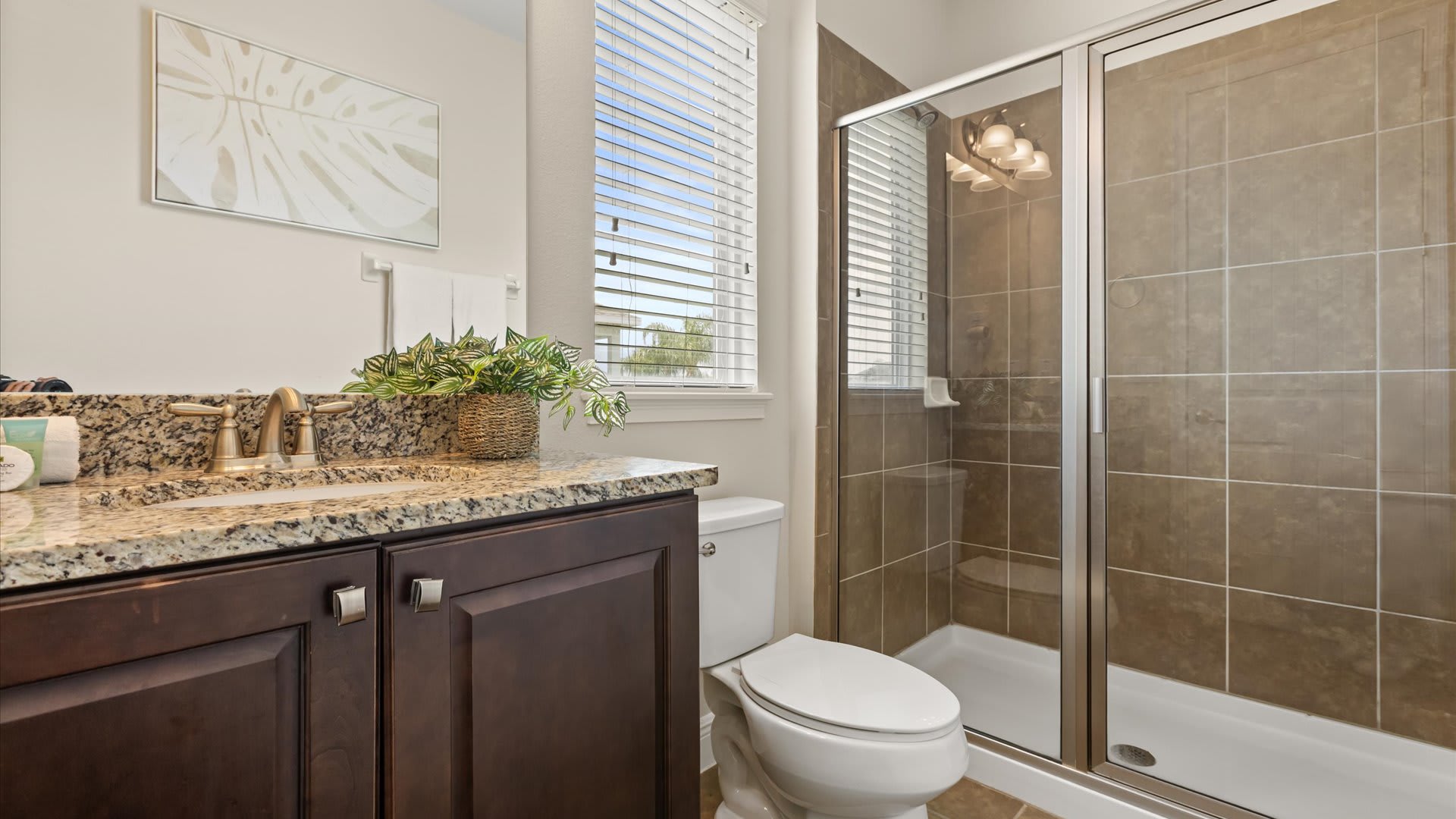 A modern bathroom with a dark wood vanity, granite countertop, and a glass-enclosed shower with brown tiled walls. A window with blinds is visible above the toilet.