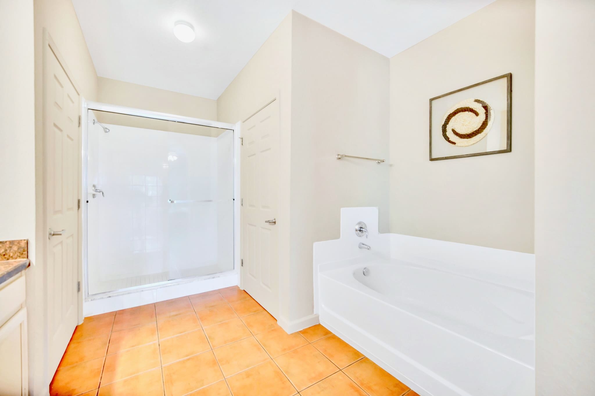 A bright bathroom featuring a glass-enclosed walk-in shower, a white built-in bathtub, and terracotta-colored tile flooring. A decorative framed artwork hangs on the wall.
