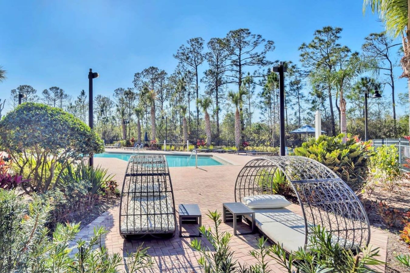 A sunny outdoor area adjacent to a swimming pool, featuring unique woven lounge chairs with cushions and small side tables. Lush green foliage and tall trees provide a natural backdrop, enhancing the resort-like ambiance.