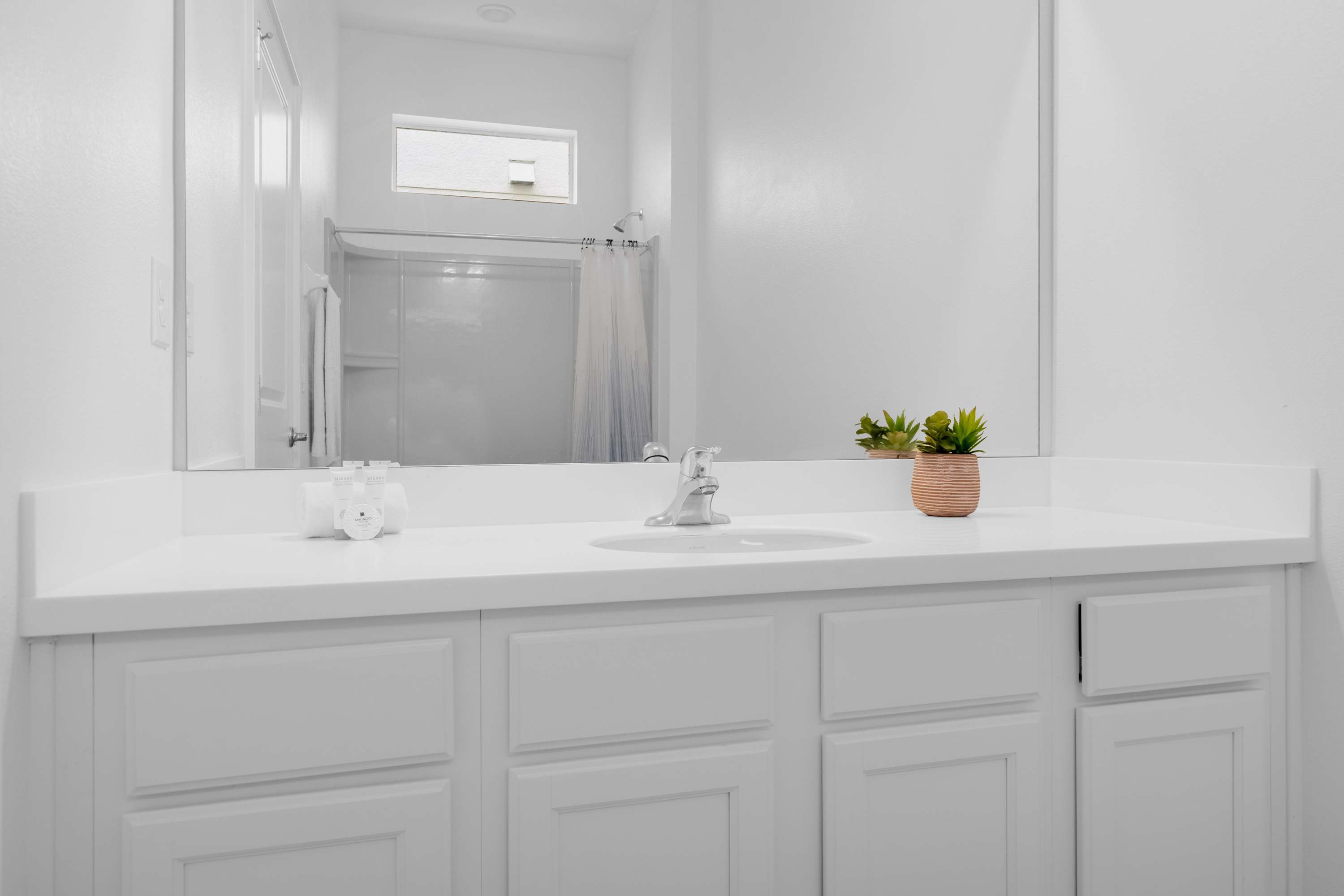 Bright white bathroom featuring a single vanity with a chrome faucet, a large mirror reflecting a shower-tub combo, and a small potted plant on the counter.