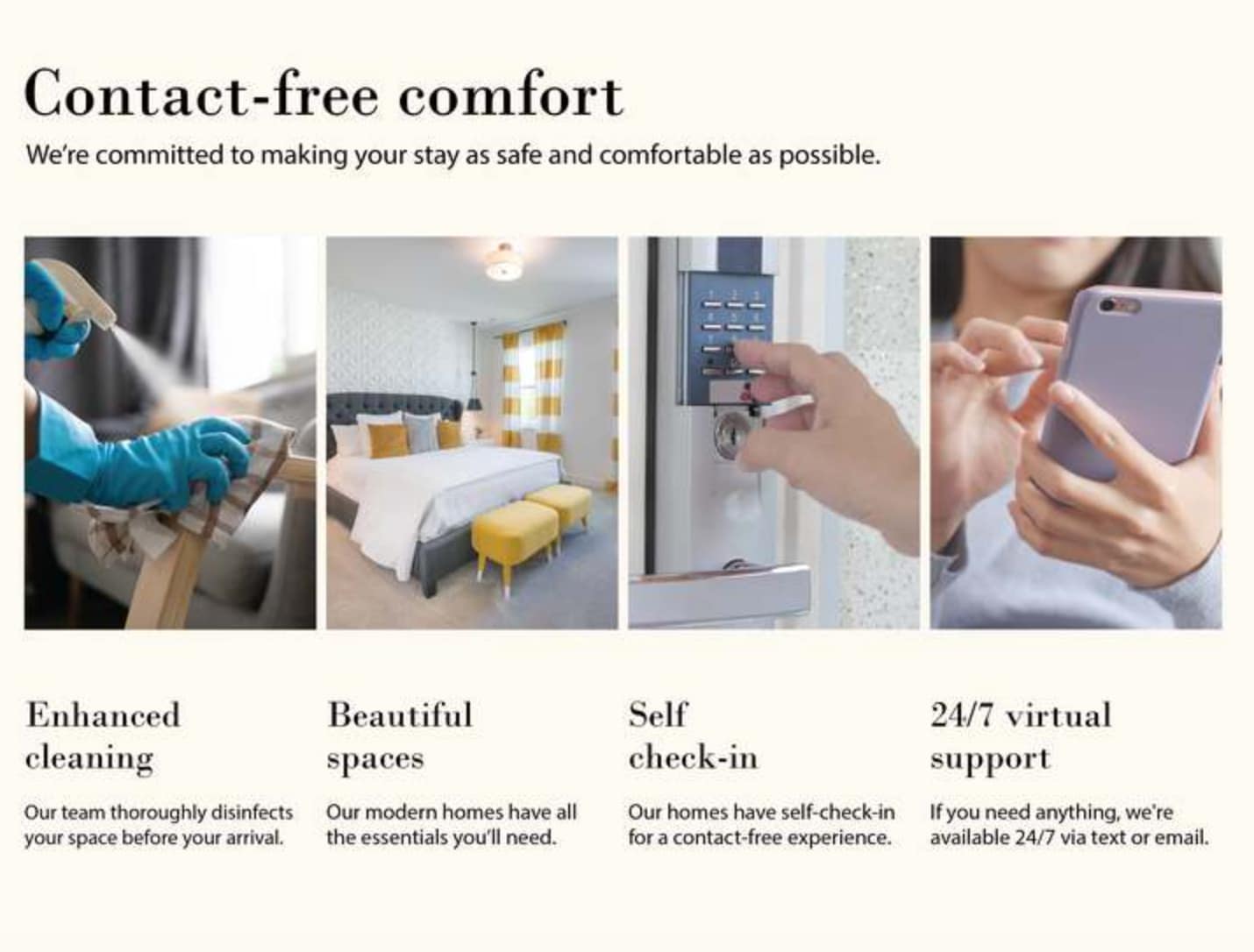 A marketing collage highlighting "Contact-free comfort" with images depicting enhanced cleaning, beautiful spaces, self check-in, and 24/7 virtual support.